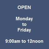 OPEN

Monday
to
Friday

9:00am to 12noon